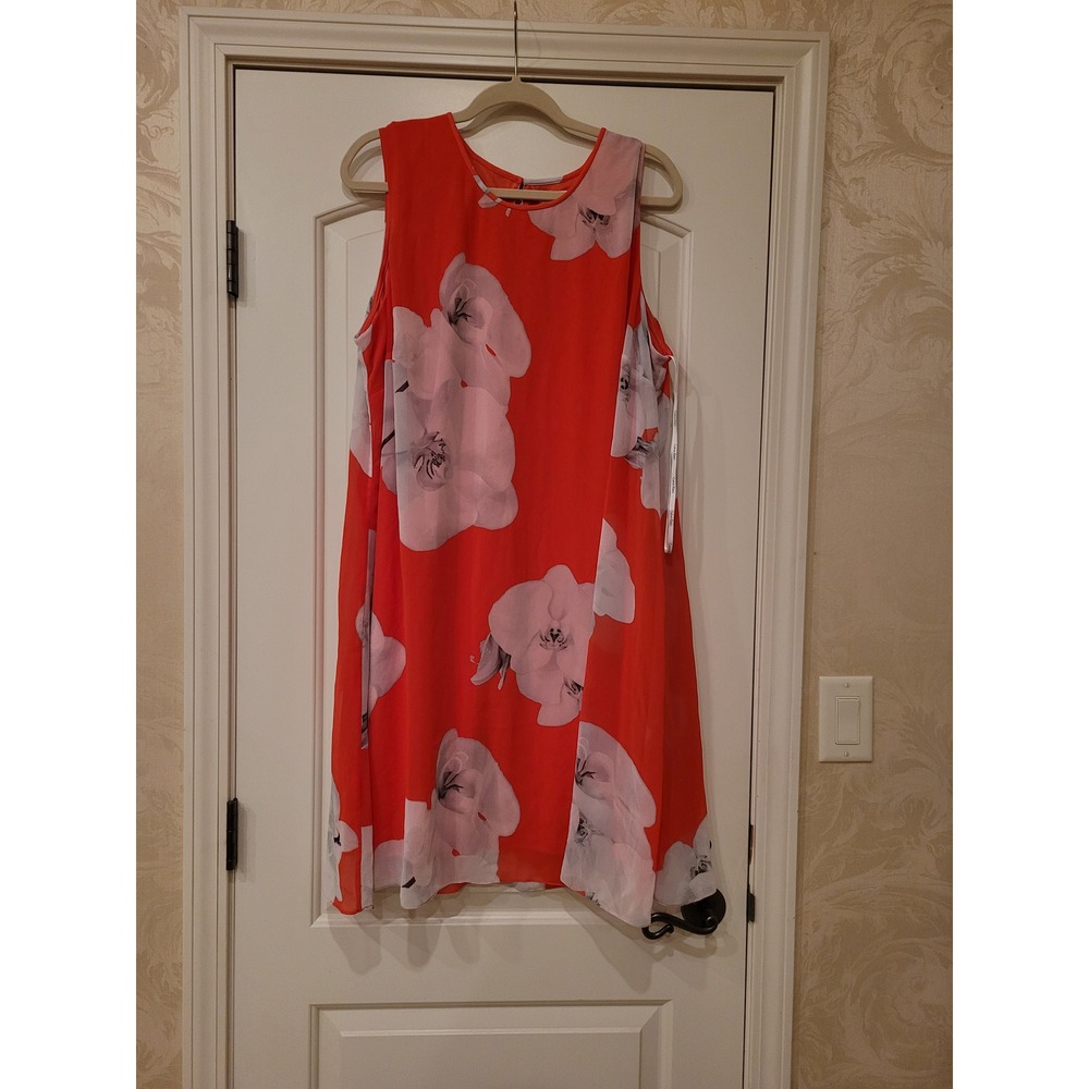 Calvin Klein Orange Red Floral Orchid Sleeveless Shift Dress Plus Size 20W